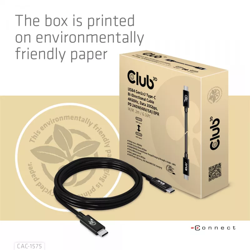 CLUB3D USB4 Gen2x2 Type-C obojsmerný kábel 4K60Hz, dáta 20Gbps, PD 240W(48V/5A) EPR M/M 2m