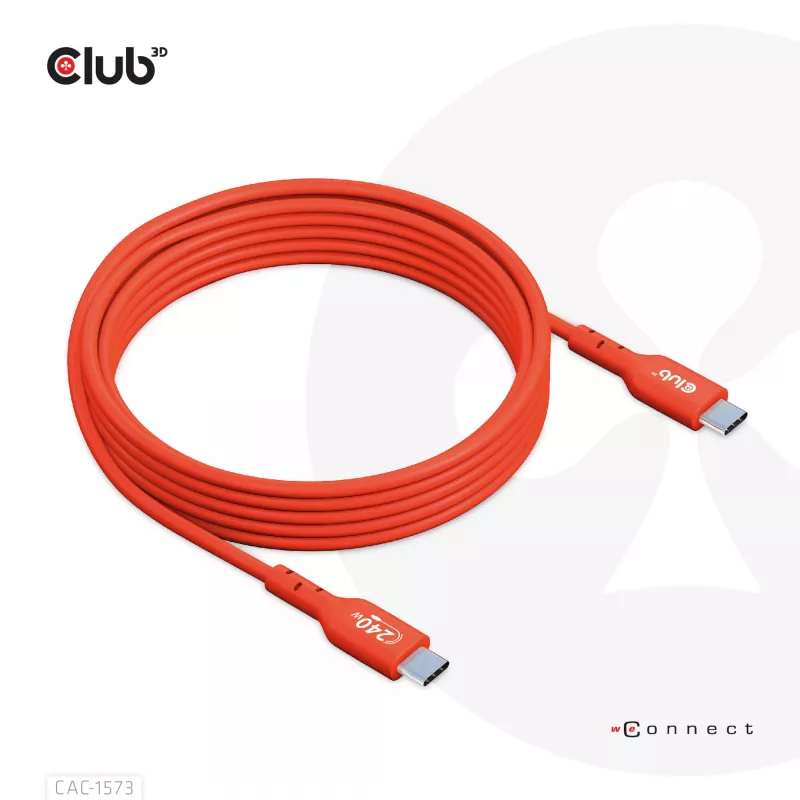 USB-C na USB-C obojsmerný kábel CLUB3D CAC-1573, USB4 Gen 2x2, 2 m, červený, PD až do 240 W