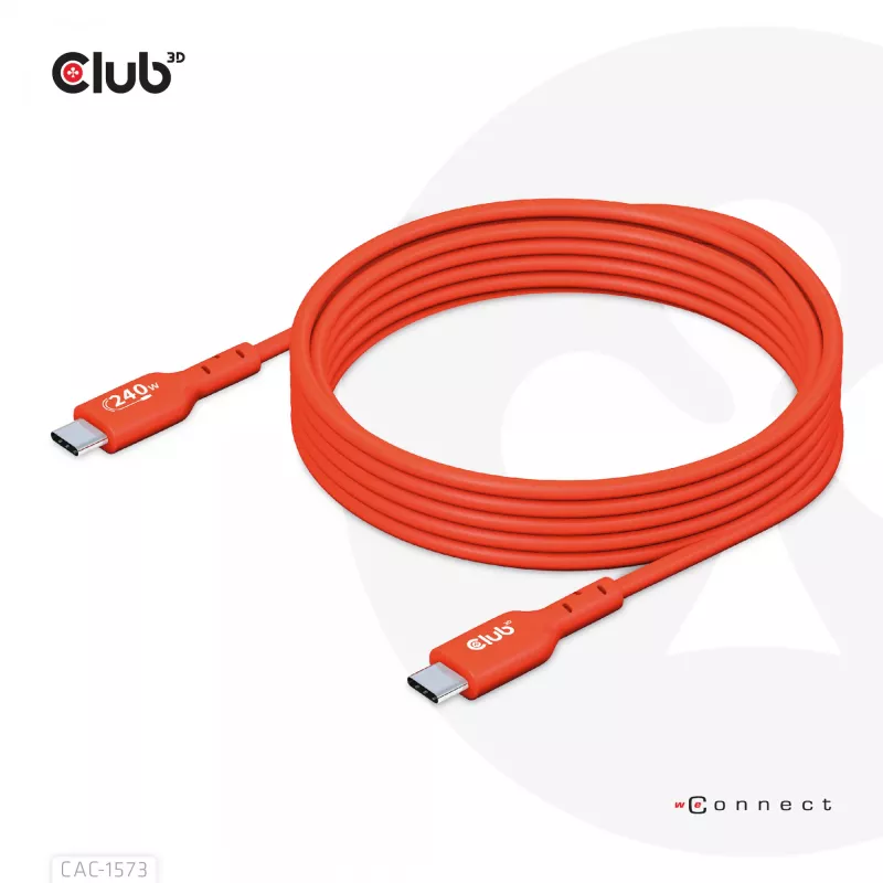 USB-C na USB-C obojsmerný kábel CLUB3D CAC-1573, USB4 Gen 2x2, 2 m, červený, PD až do 240 W
