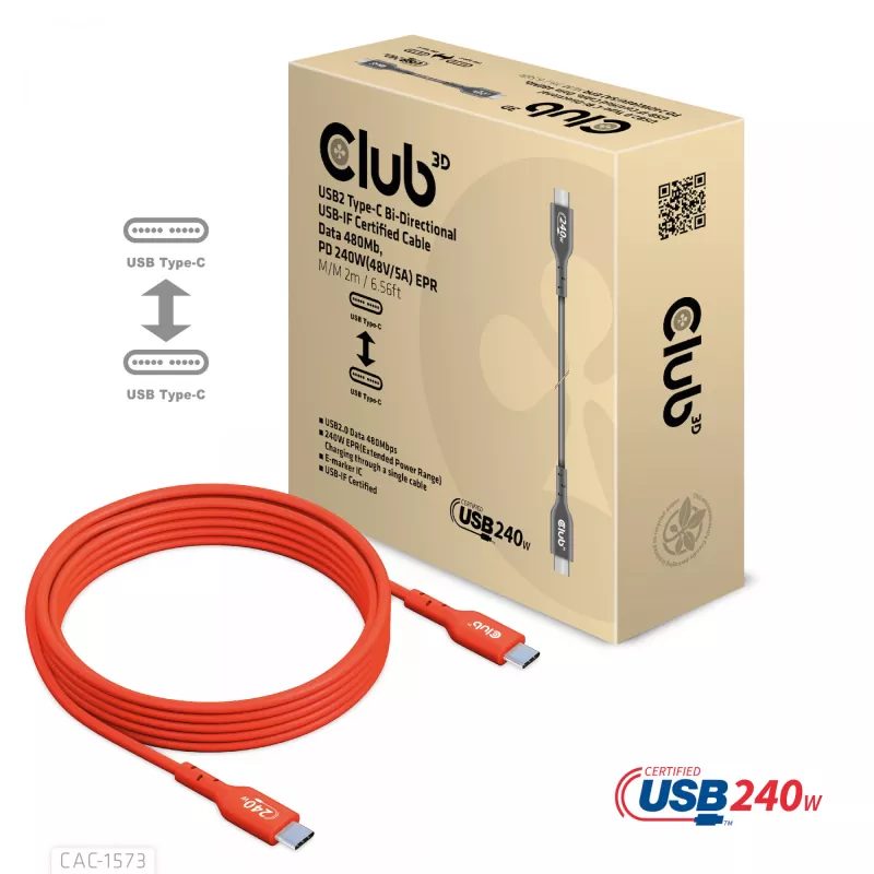 USB-C na USB-C obojsmerný kábel CLUB3D CAC-1573, USB4 Gen 2x2, 2 m, červený, PD až do 240 W