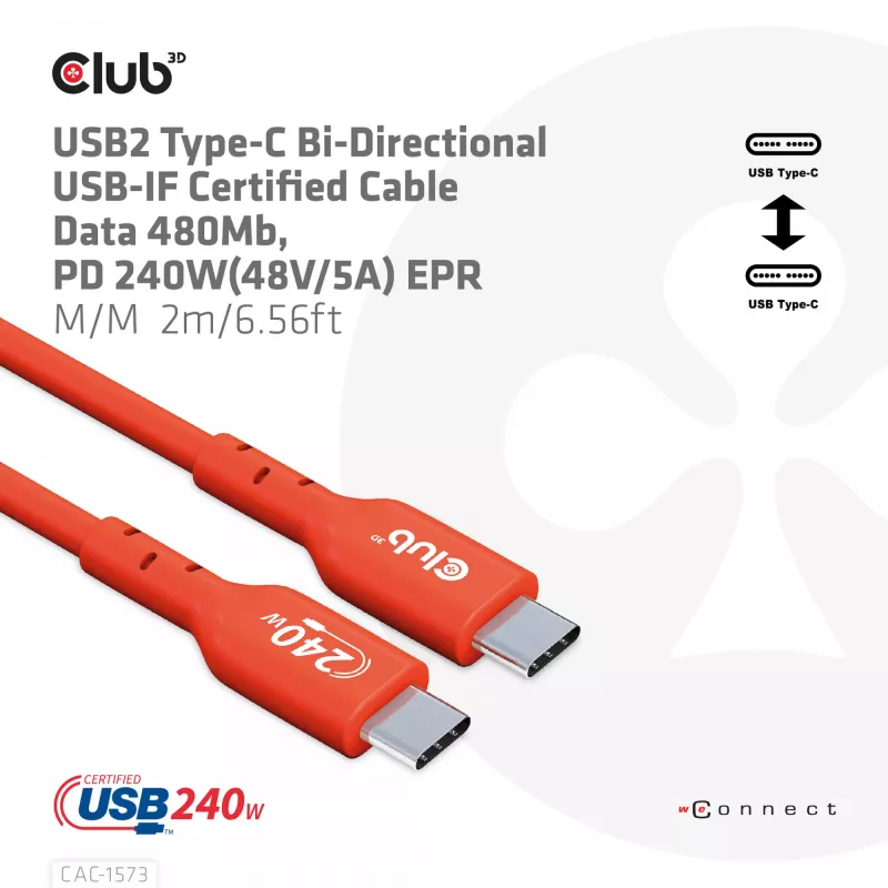USB-C na USB-C obojsmerný kábel CLUB3D CAC-1573, USB4 Gen 2x2, 2 m, červený, PD až do 240 W