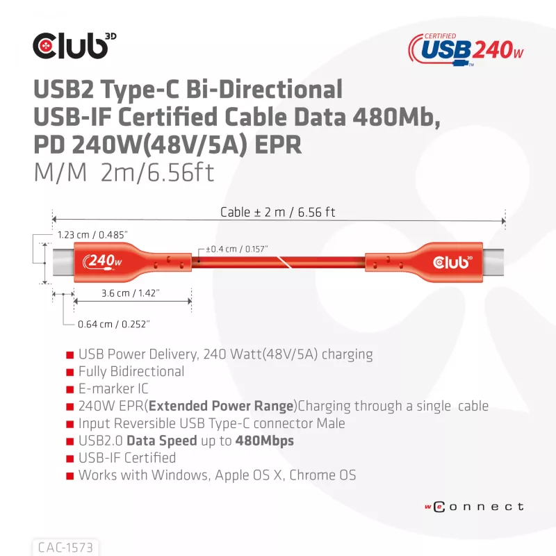 USB-C na USB-C obojsmerný kábel CLUB3D CAC-1573, USB4 Gen 2x2, 2 m, červený, PD až do 240 W
