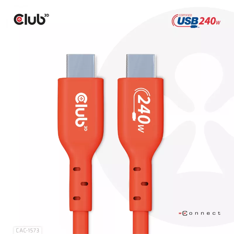 USB-C na USB-C obojsmerný kábel CLUB3D CAC-1573, USB4 Gen 2x2, 2 m, červený, PD až do 240 W