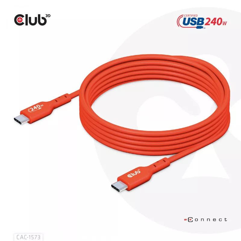 USB-C na USB-C obojsmerný kábel CLUB3D CAC-1573, USB4 Gen 2x2, 2 m, červený, PD až do 240 W