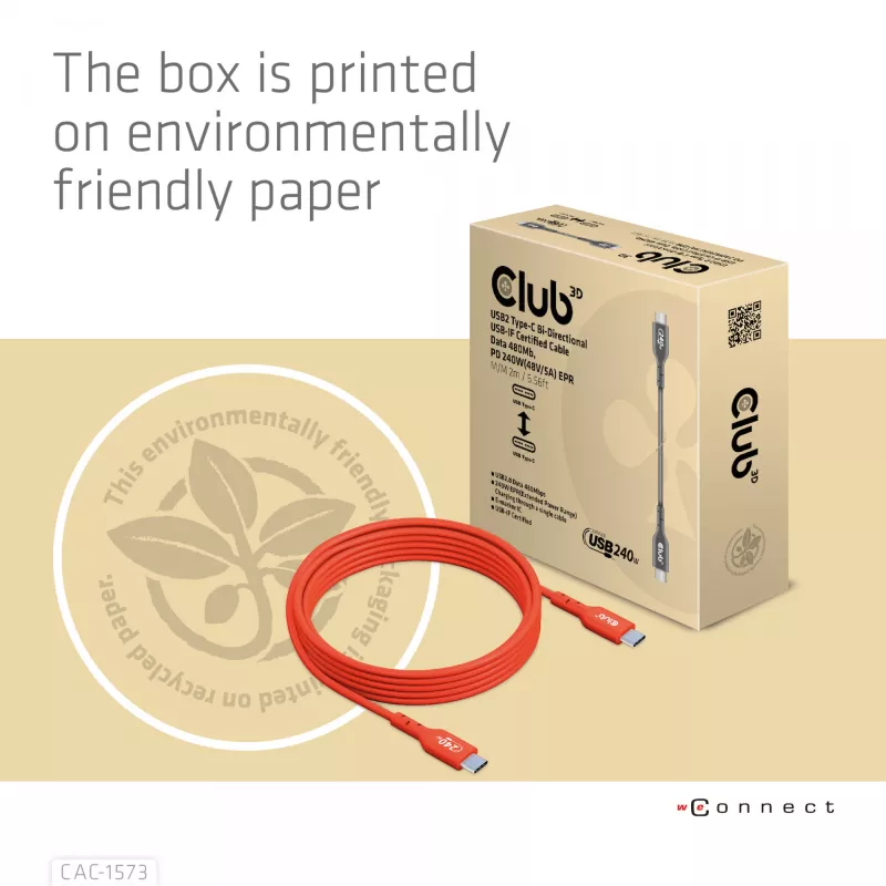 USB-C na USB-C obojsmerný kábel CLUB3D CAC-1573, USB4 Gen 2x2, 2 m, červený, PD až do 240 W