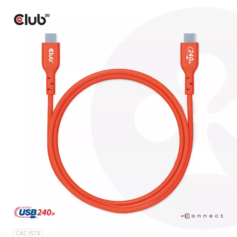 USB-C na USB-C obojsmerný kábel CLUB3D CAC-1573, USB4 Gen 2x2, 2 m, červený, PD až do 240 W
