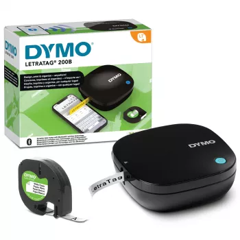 DYMO LetraTag 200B Bluetooth tlačiareň etikiet | Kompaktná tlačiareň etikiet | Pripája sa cez bezdrôtovú Bluetooth technológiu k iOS a Android | Obsahuje 1 bielu papierovú etiketovú pásku | čierna