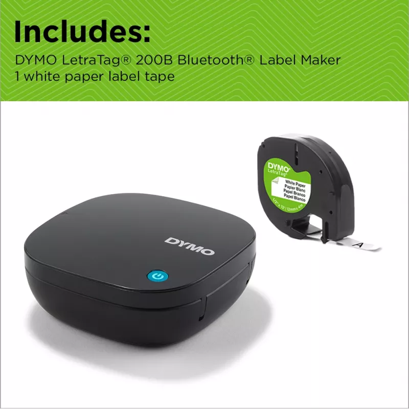 DYMO LetraTag 200B Bluetooth tlačiareň etikiet | Kompaktná tlačiareň etikiet | Pripája sa cez bezdrôtovú Bluetooth technológiu k iOS a Android | Obsahuje 1 bielu papierovú etiketovú pásku | čierna