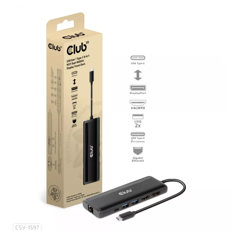 CLUB3D USB Gen 1 Type-C 8-in-1 MST Dual 4K60Hz Display cestovný dock