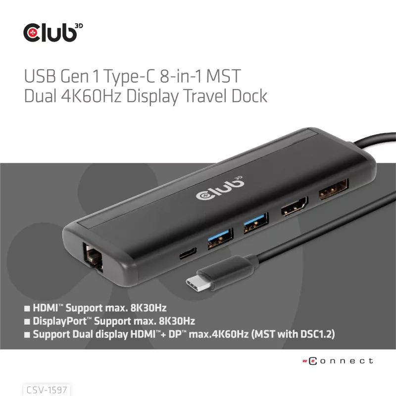 CLUB3D USB Gen 1 Type-C 8-in-1 MST Dual 4K60Hz Display cestovný dock