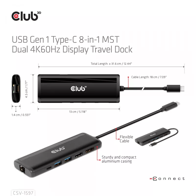 CLUB3D USB Gen 1 Type-C 8-in-1 MST Dual 4K60Hz Display cestovný dock