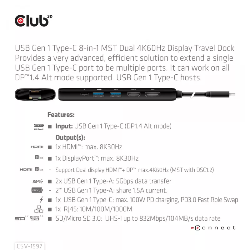 CLUB3D USB Gen 1 Type-C 8-in-1 MST Dual 4K60Hz Display cestovný dock