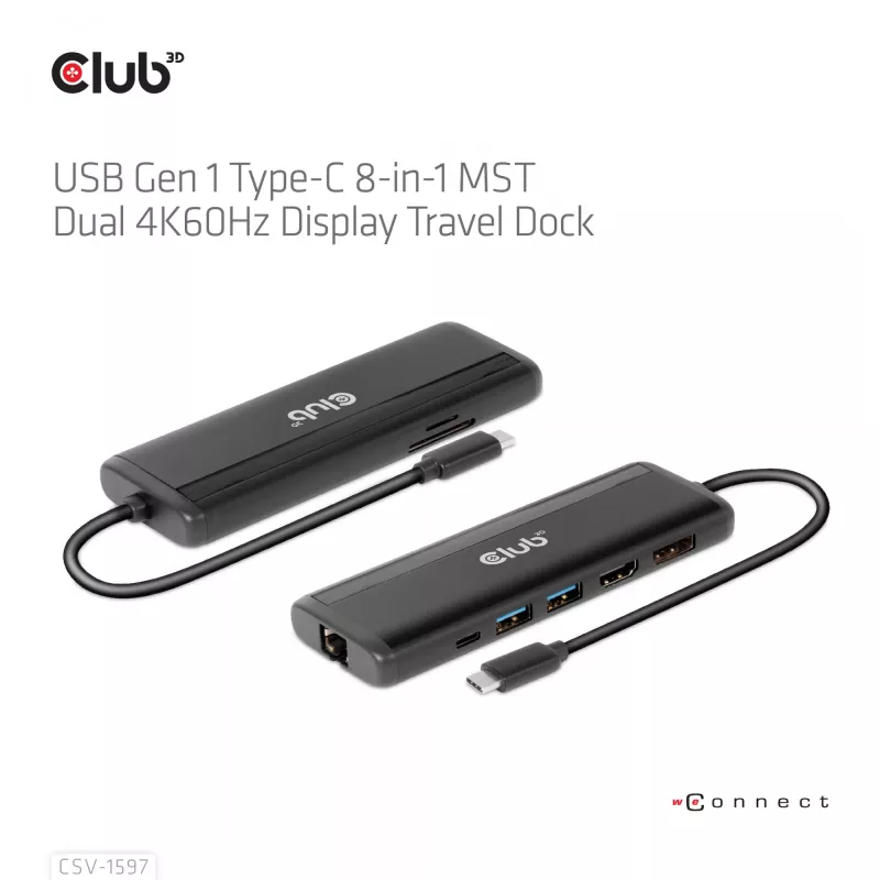 CLUB3D USB Gen 1 Type-C 8-in-1 MST Dual 4K60Hz Display cestovný dock