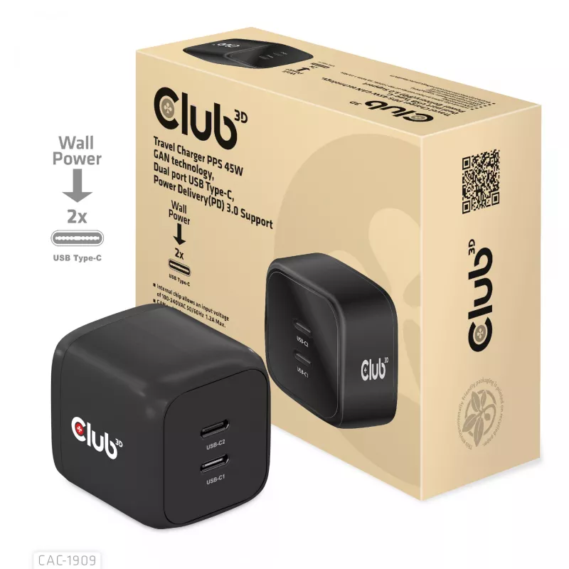 CLUB3D cestovná nabíjačka PPS 45W GAN technológia, Dual-Port USB Type-C, podpora Power Delivery (PD) 3.0