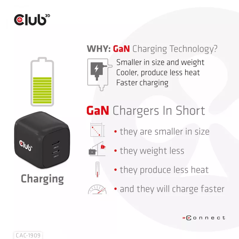 CLUB3D cestovná nabíjačka PPS 45W GAN technológia, Dual-Port USB Type-C, podpora Power Delivery (PD) 3.0