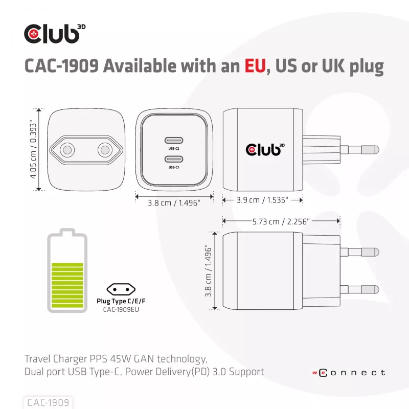 CLUB3D cestovná nabíjačka PPS 45W GAN technológia, Dual-Port USB Type-C, podpora Power Delivery (PD) 3.0