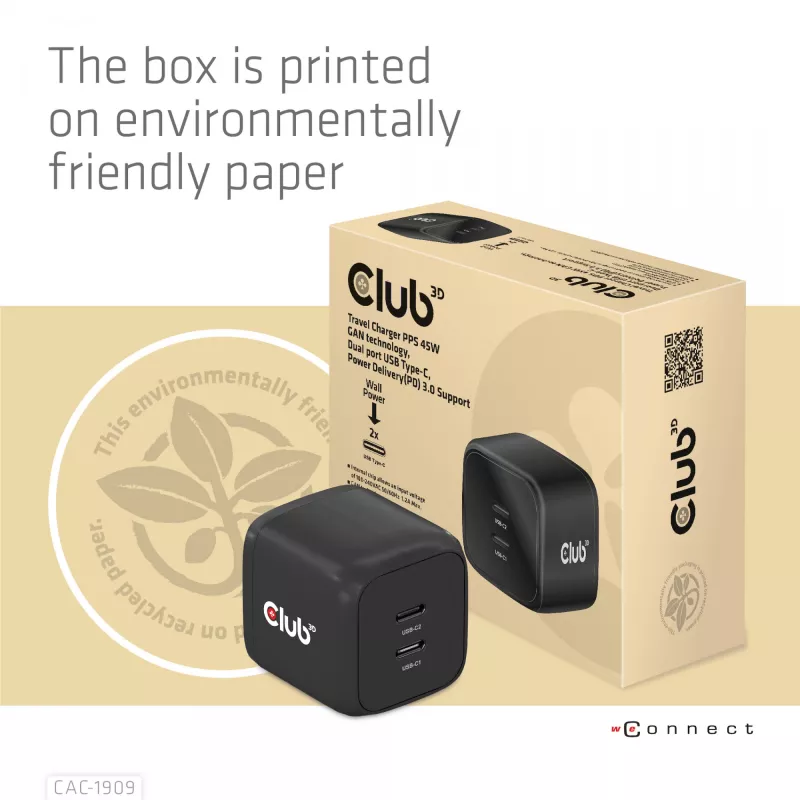 CLUB3D cestovná nabíjačka PPS 45W GAN technológia, Dual-Port USB Type-C, podpora Power Delivery (PD) 3.0