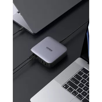 Ugreen 40914 Nexode 200W GaN stolná USB-C-USB-A nabíjačka, do interiéru, AC, 21 V, 5 A, 2 m, čierna, sivá