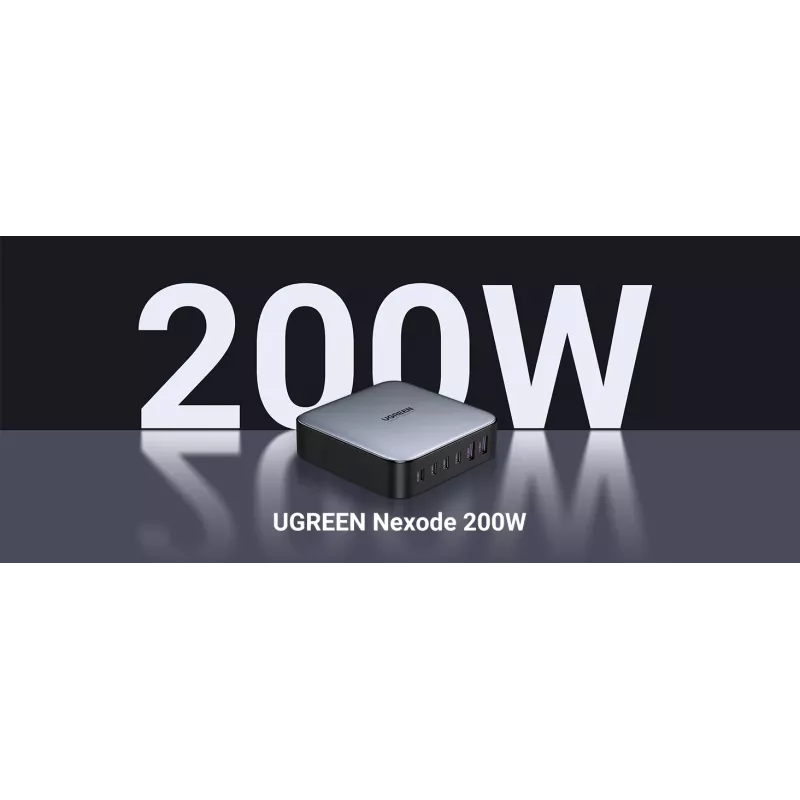 Ugreen 40914 Nexode 200W GaN stolná USB-C-USB-A nabíjačka, do interiéru, AC, 21 V, 5 A, 2 m, čierna, sivá