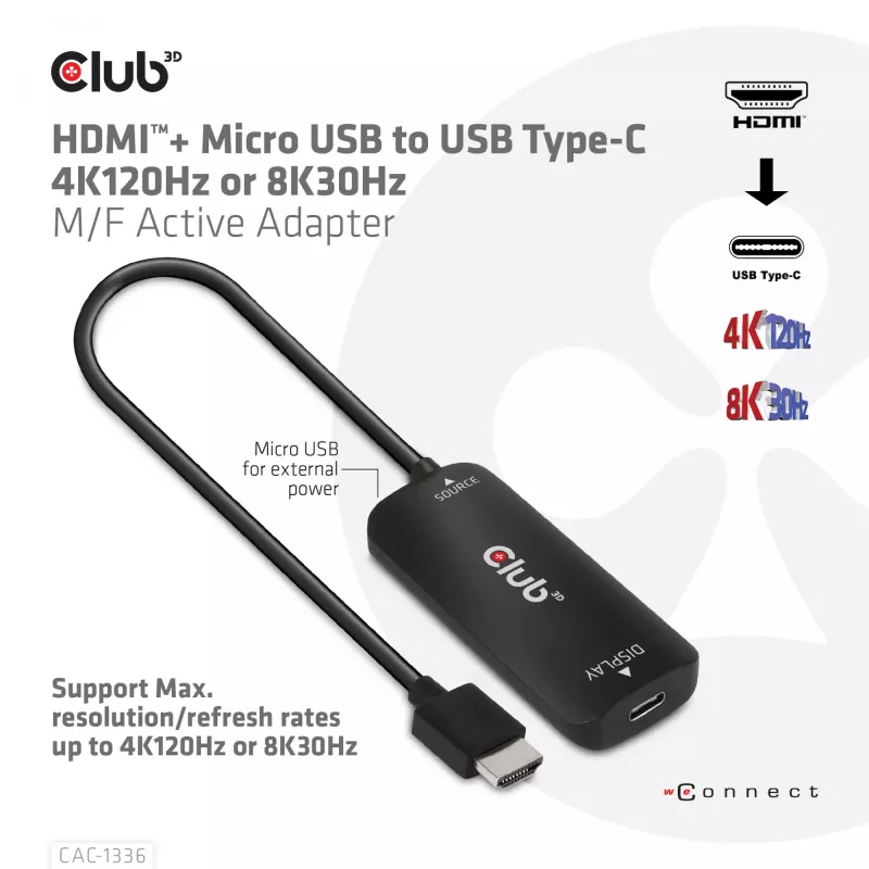 CLUB3D HDMI + Micro USB na USB Type-C 4K120Hz alebo 8K30Hz M/F aktívny adaptér