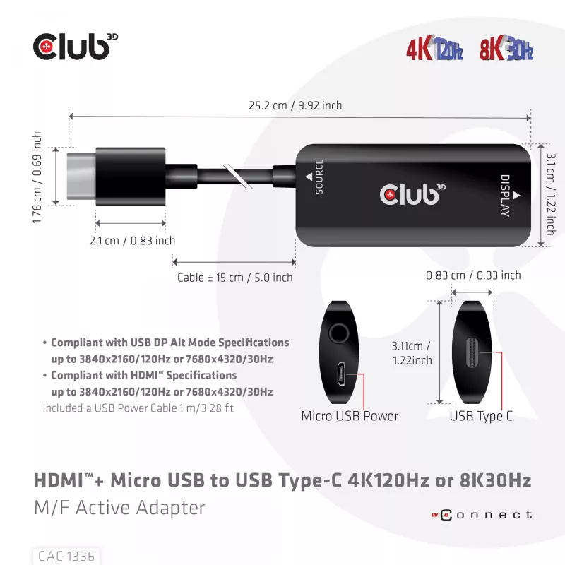 CLUB3D HDMI + Micro USB na USB Type-C 4K120Hz alebo 8K30Hz M/F aktívny adaptér