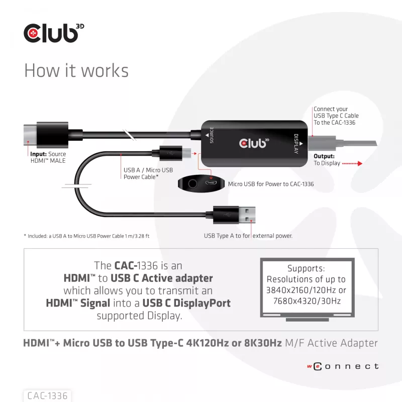 CLUB3D HDMI + Micro USB na USB Type-C 4K120Hz alebo 8K30Hz M/F aktívny adaptér