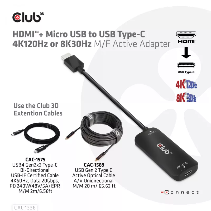 CLUB3D HDMI + Micro USB na USB Type-C 4K120Hz alebo 8K30Hz M/F aktívny adaptér