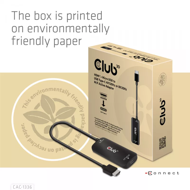CLUB3D HDMI + Micro USB na USB Type-C 4K120Hz alebo 8K30Hz M/F aktívny adaptér