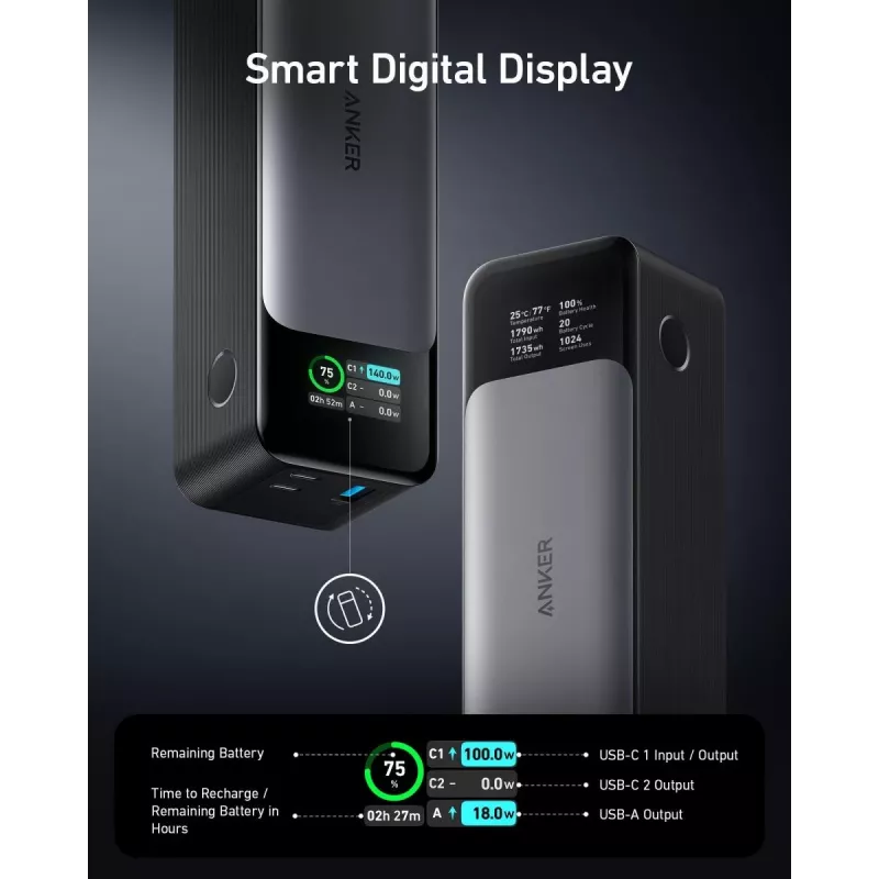 Prenosná nabíjačka Anker 737 (A1289011) – 24000 mAh, 140 W, 2× USB-C + 1× USB-A, strieborná/čierna