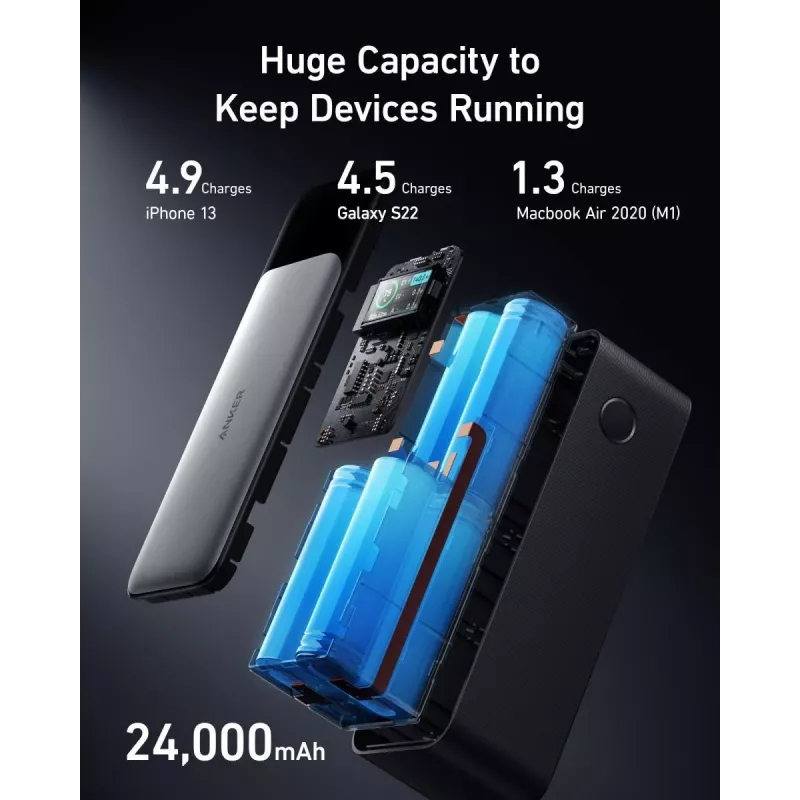 Prenosná nabíjačka Anker 737 (A1289011) – 24000 mAh, 140 W, 2× USB-C + 1× USB-A, strieborná/čierna