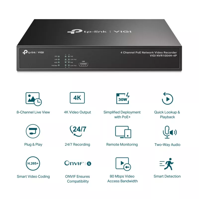 TP-Link VIGI 4-kanálový PoE+ sieťový videorekordér