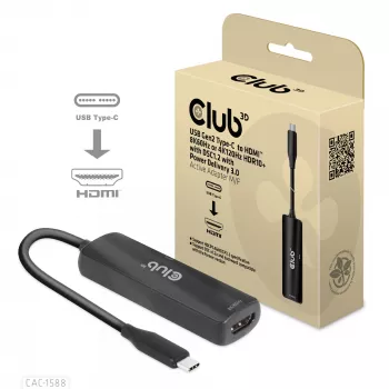 CLUB3D USB Gen2 Type-C na HDMI™ 8K60Hz alebo 4K120Hz HDR10+ s DSC1.2 s Power Delivery 3.0 aktívny adaptér M/F