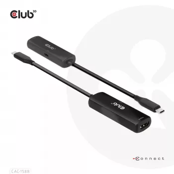 CLUB3D USB Gen2 Type-C na HDMI™ 8K60Hz alebo 4K120Hz HDR10+ s DSC1.2 s Power Delivery 3.0 aktívny adaptér M/F