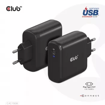 CLUB3D cestovná nabíjačka 100 Watt GaN technológia, USB-IF TID certifikovaná, jeden port USB Type-C, podpora Power Delivery(PD) 3.0