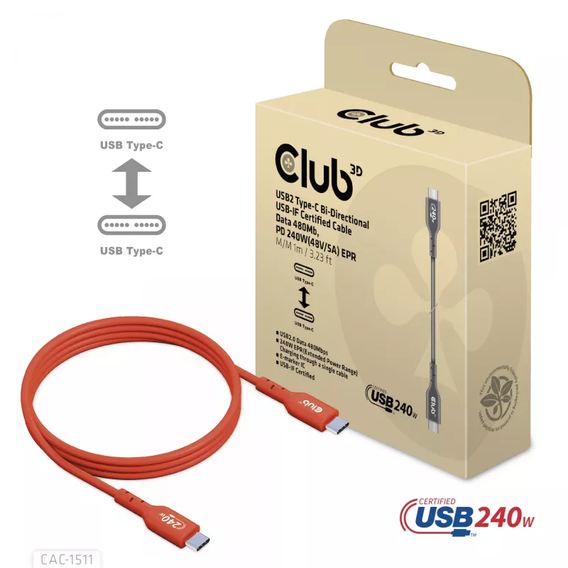 Club 3D CAC-1511 USB2 Type-C obojsmerný kábel s certifikáciou USB-IF, dáta 480 Mb, PD 240 W (48 V/5 A) EPR, samec/samec, 1 m