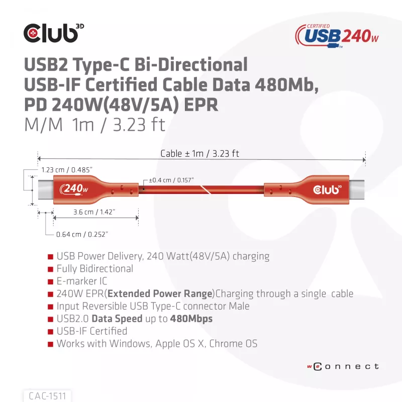 Club 3D CAC-1511 USB2 Type-C obojsmerný kábel s certifikáciou USB-IF, dáta 480 Mb, PD 240 W (48 V/5 A) EPR, samec/samec, 1 m