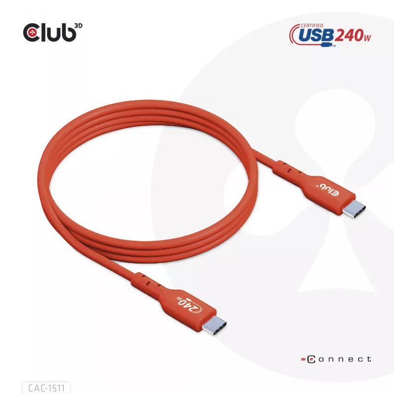 Club 3D CAC-1511 USB2 Type-C obojsmerný kábel s certifikáciou USB-IF, dáta 480 Mb, PD 240 W (48 V/5 A) EPR, samec/samec, 1 m
