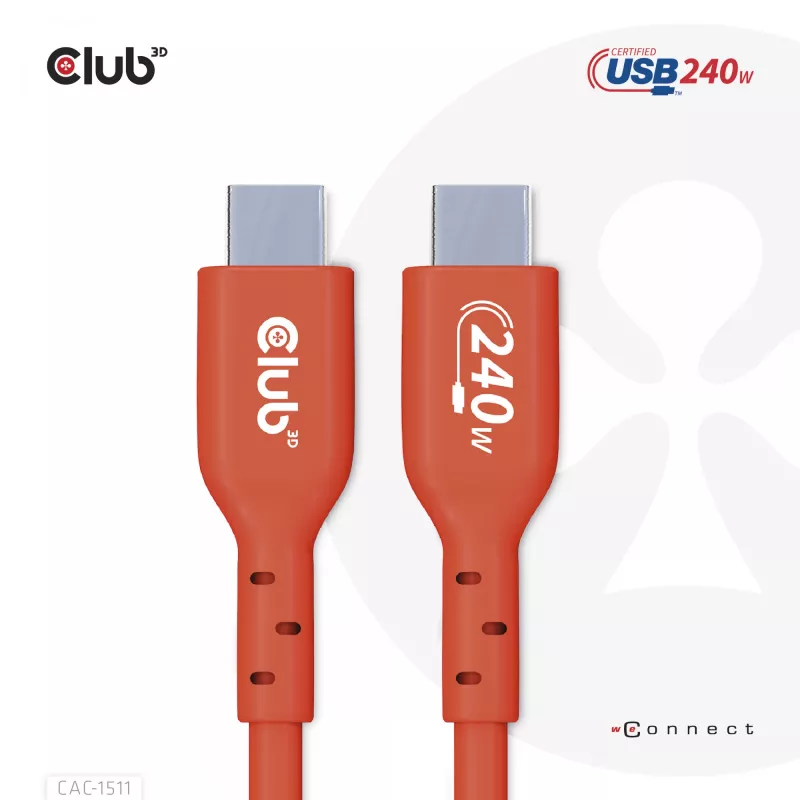 Club 3D CAC-1511 USB2 Type-C obojsmerný kábel s certifikáciou USB-IF, dáta 480 Mb, PD 240 W (48 V/5 A) EPR, samec/samec, 1 m