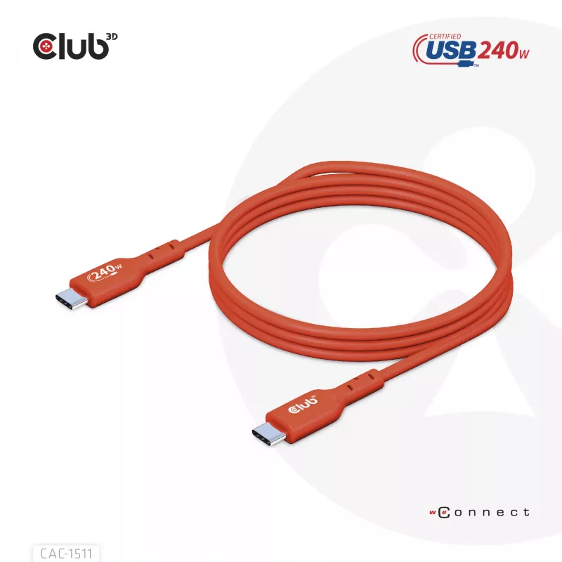 Club 3D CAC-1511 USB2 Type-C obojsmerný kábel s certifikáciou USB-IF, dáta 480 Mb, PD 240 W (48 V/5 A) EPR, samec/samec, 1 m