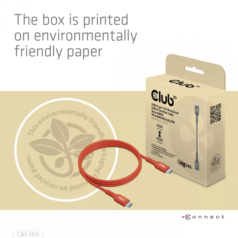 Club 3D CAC-1511 USB2 Type-C obojsmerný kábel s certifikáciou USB-IF, dáta 480 Mb, PD 240 W (48 V/5 A) EPR, samec/samec, 1 m