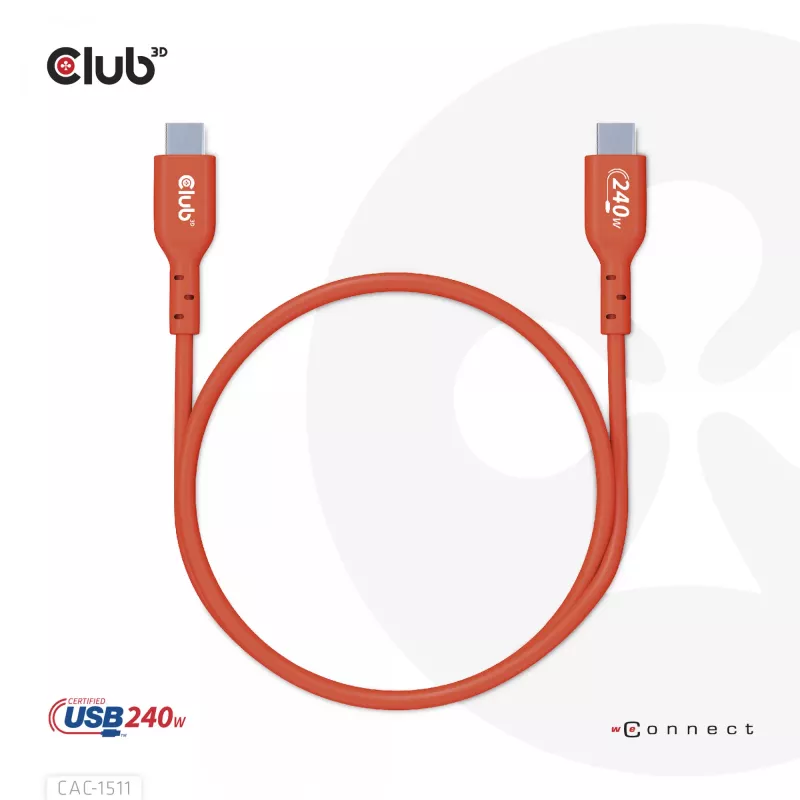 Club 3D CAC-1511 USB2 Type-C obojsmerný kábel s certifikáciou USB-IF, dáta 480 Mb, PD 240 W (48 V/5 A) EPR, samec/samec, 1 m