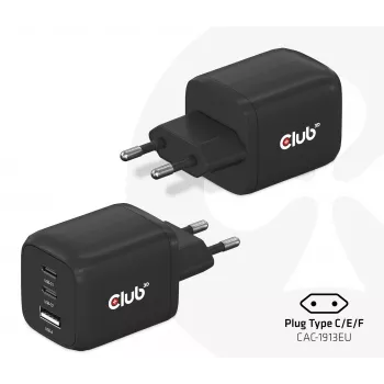 CLUB3D cestovná nabíjačka PPS 65 W GaN technológia, trojitý konektor (2x USB Type-C + USB Type-A) Power Delivery (PD) 3.0 podpora