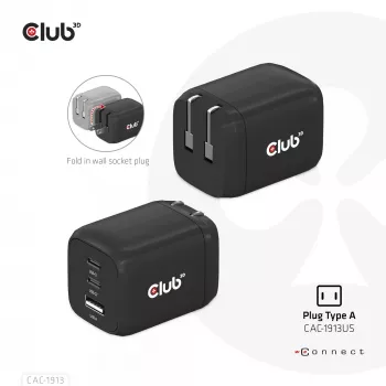 CLUB3D cestovná nabíjačka PPS 65 W GaN technológia, trojitý konektor (2x USB Type-C + USB Type-A) Power Delivery (PD) 3.0 podpora
