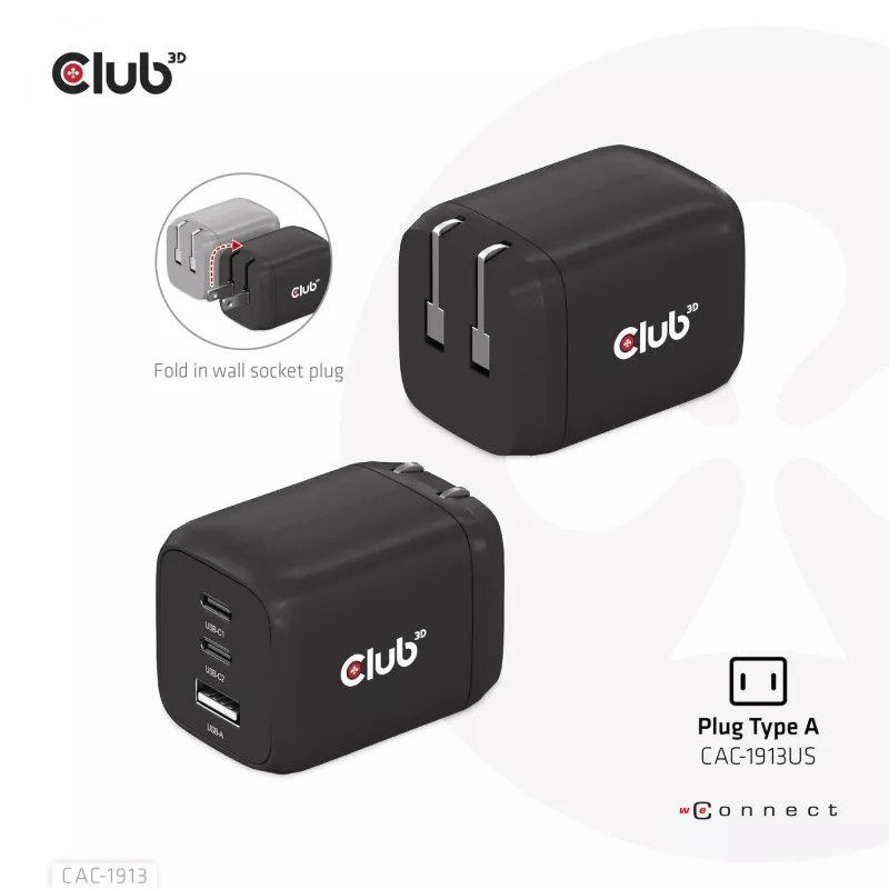 CLUB3D cestovná nabíjačka PPS 65 W GaN technológia, trojitý konektor (2x USB Type-C + USB Type-A) Power Delivery (PD) 3.0 podpora