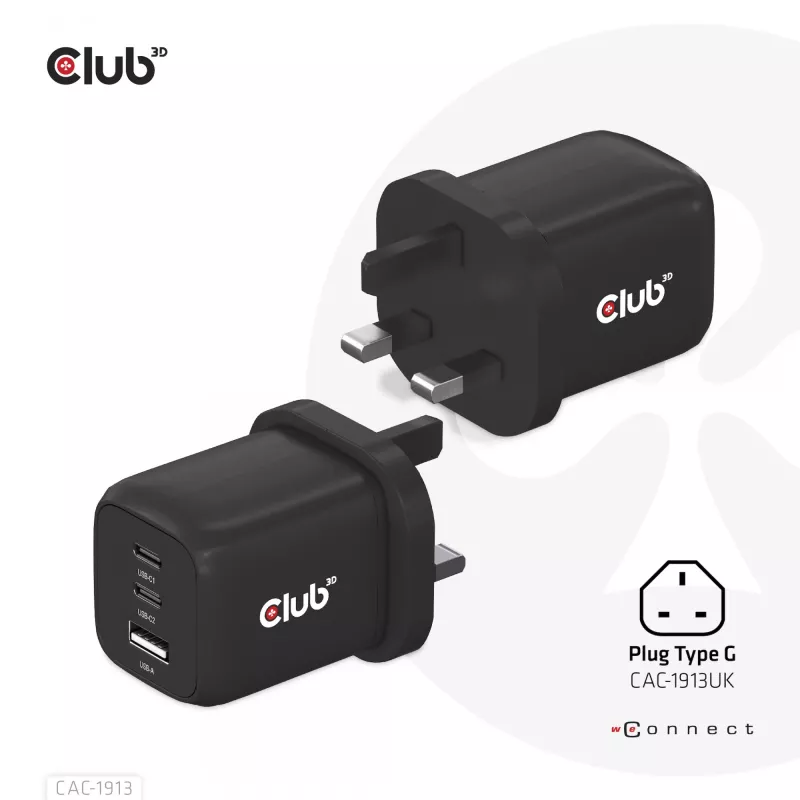 CLUB3D cestovná nabíjačka PPS 65 W GaN technológia, trojitý konektor (2x USB Type-C + USB Type-A) Power Delivery (PD) 3.0 podpora