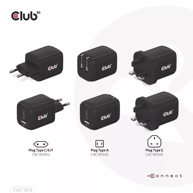 CLUB3D cestovná nabíjačka PPS 65 W GaN technológia, trojitý konektor (2x USB Type-C + USB Type-A) Power Delivery (PD) 3.0 podpora