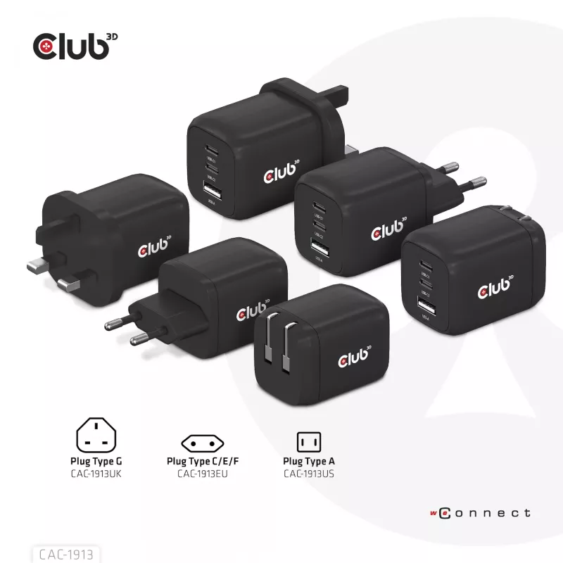 CLUB3D cestovná nabíjačka PPS 65 W GaN technológia, trojitý konektor (2x USB Type-C + USB Type-A) Power Delivery (PD) 3.0 podpora