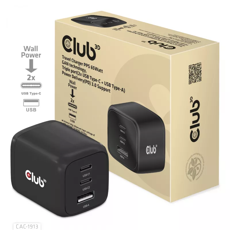 CLUB3D cestovná nabíjačka PPS 65 W GaN technológia, trojitý konektor (2x USB Type-C + USB Type-A) Power Delivery (PD) 3.0 podpora