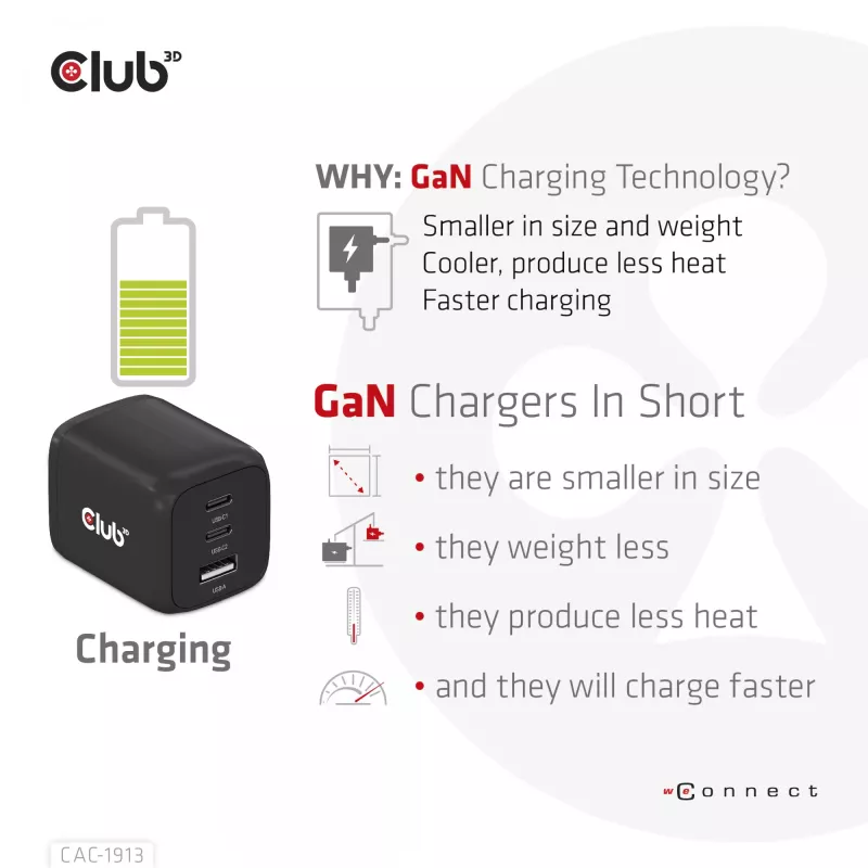CLUB3D cestovná nabíjačka PPS 65 W GaN technológia, trojitý konektor (2x USB Type-C + USB Type-A) Power Delivery (PD) 3.0 podpora