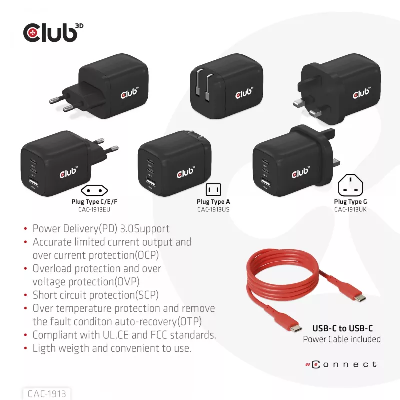 CLUB3D cestovná nabíjačka PPS 65 W GaN technológia, trojitý konektor (2x USB Type-C + USB Type-A) Power Delivery (PD) 3.0 podpora